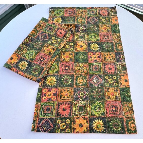 Vintage 70s curtains, green, brown, orange, yellow faux patchwork, pair - Picture 6 of 10